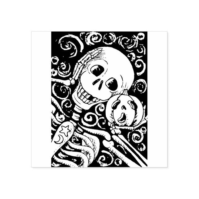 SMILING SKELETON & HIS JACK O LANTERN, HALLOWEEN RUBBER STAMP (Imprint)