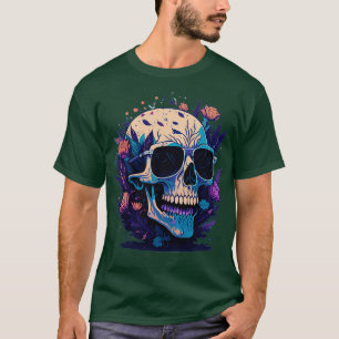 Smiling Skull In Sunglasses Surounded By Flowers T-Shirt