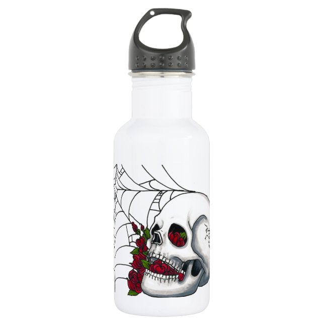 Smiling Skull with Red Roses and Spiderweb 532 Ml Water Bottle (Front)