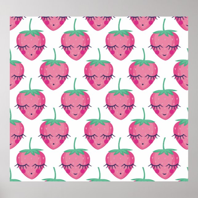 Smiling sleeping strawberries, cute pattern. poster (Front)