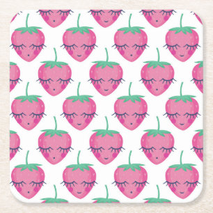 Smiling sleeping strawberries, cute pattern. square paper coaster