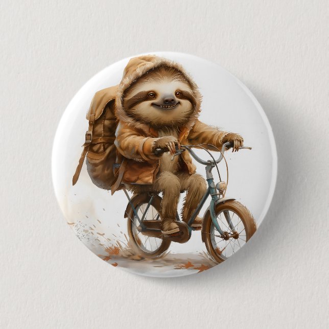 Smiling Sloth Cyclist 6 Cm Round Badge (Front)