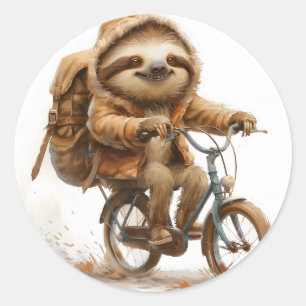 Smiling Sloth Cyclist Classic Round Sticker