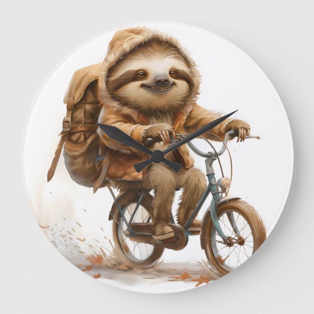 Smiling Sloth Cyclist Large Clock (Front)