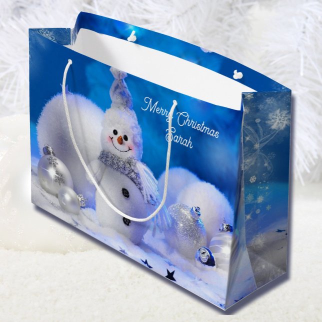 Smiling Snowman Add Name Christmas Snow Large Gift Bag (Creator Uploaded)