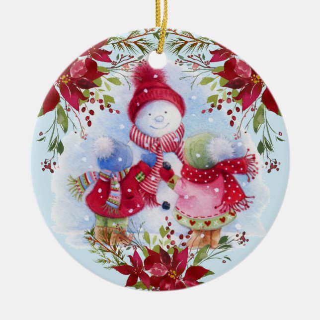 Smiling Snowman and Children Ceramic Ornament (Front)