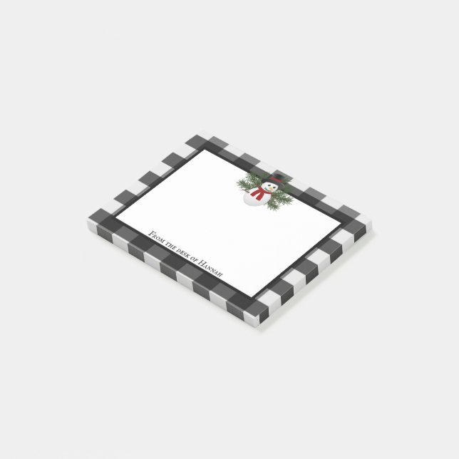 Smiling Snowman Buffalo Plaid Personalised Post-it Notes (Angled)