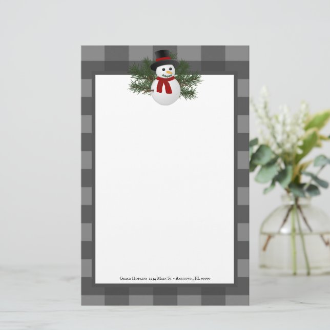 Smiling Snowman Buffalo Plaid Personalised Stationery (Standing Front)