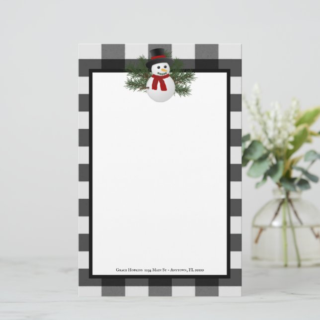 Smiling Snowman Buffalo Plaid Personalised Stationery (Standing Front)