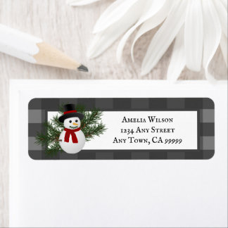Smiling Snowman Buffalo Plaid Return Address Label