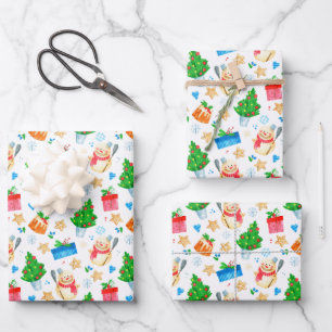 Smiling Snowman Christmas Tree Presents Cookies Wrapping Paper Sheet