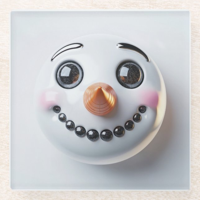 Smiling Snowman Face Square  Glass Coaster (Front)