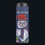 Smiling Snowman Hat Scarf String Christmas Lights Thermal Tumbler<br><div class="desc">This thermal tumbler bottle to keep your drinks cold or hot is dark blue with falling snowflakes and a smiling snowman wearing a winter hat and scarf holding a shining string of lit Christmas lights.  Customise your text with template.</div>