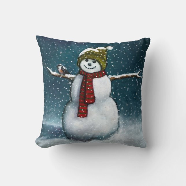 Smiling Snowman in Snow: Chickadee: Pastel Art Cushion (Front)