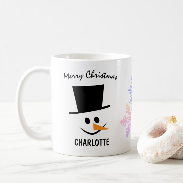 Smiling Snowman In Topper Hat. Merry Christmas Coffee Mug (With Donut)