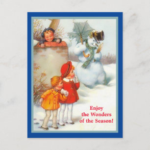 Smiling Snowman, Kids & Umbrella Vintage Holiday Postcard