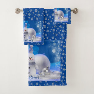 Smiling Snowman on Blue Personalise Name Bathroom  Bath Towel Set