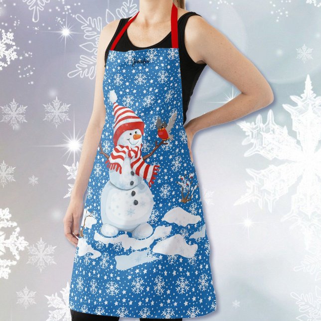 Smiling Snowman Personalise Name Christmas Gift Apron (Creator Uploaded)