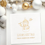 Smiling Snowman Seasons Greetings Foil Napkins<br><div class="desc">Cute smiling cartoon snowman wearing knitted hat,  scarf,  and mittens,  befriended by a pair of birds. Customise with your own message.</div>