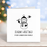 Smiling Snowman Seasons Greetings Rubber Stamp<br><div class="desc">Cute smiling cartoon snowman wearing knitted hat,  scarf,  and mittens,  befriended by a pair of birds. Customise with your own message.</div>
