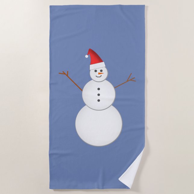 Smiling Snowman Wearing A Red Christmas Santa Hat Beach Towel (Front)
