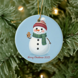 Smiling Snowman with Beanie Cute Christmas 2025 Ceramic Tree Decoration
