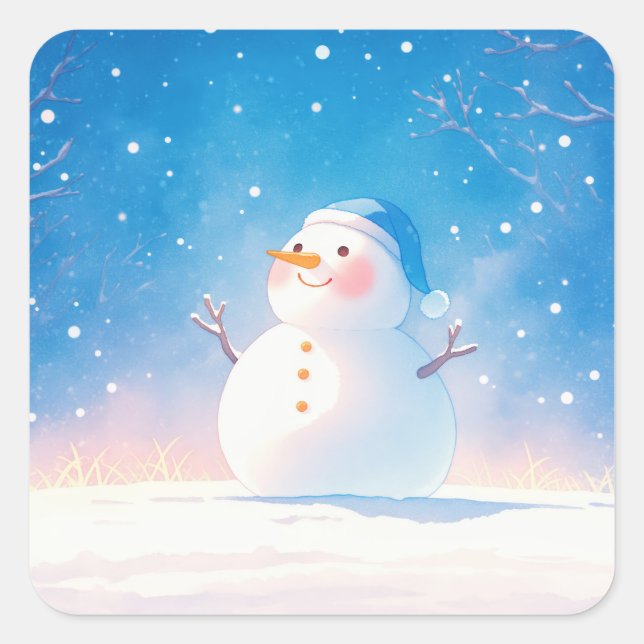 Smiling Snowman with Blue Beanie in Starry Night Square Sticker (Front)