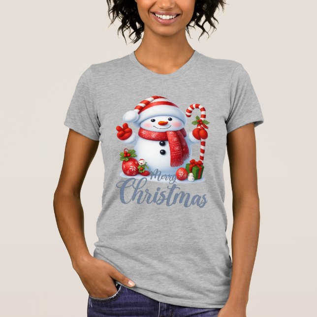 Smiling Snowman With Candy Cane Christmas Tee (Front)