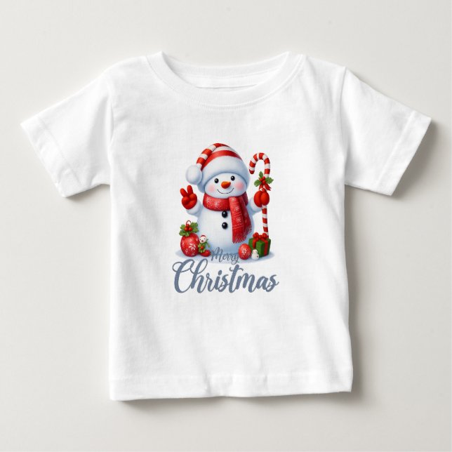 Smiling Snowman With Candy Cane Christmas Tee (Front)