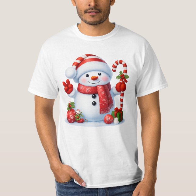 Smiling Snowman With Candy Cane Christmas Tee (Front)