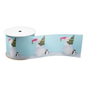 Smiling Snowman With Christmas Tree And Penguin Satin Ribbon