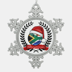Smiling South African Flag Christmas Style Snowflake Pewter Christmas Ornament