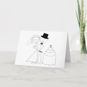 Smiling Stick Figure Couple Cuts the Wedding Cake Card