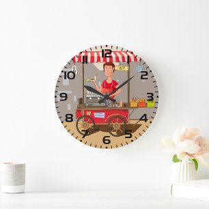 Smiling Street Food Vendor Colorful Food Cart Large Clock