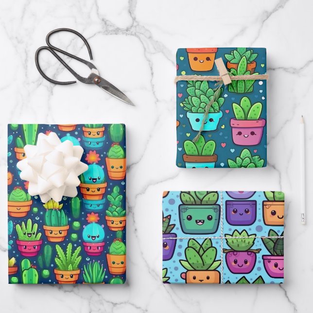 Smiling Succulent and Cacti Plants Cute Designs Wrapping Paper Sheet (Front)