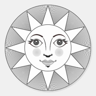 Smiling Sun Face Black and white Astronomy Symbol Classic Round Sticker