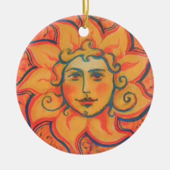 Smiling Sun, Fairytale Fantasy Art, Orange Yellow Ceramic Tree Decoration (Front)