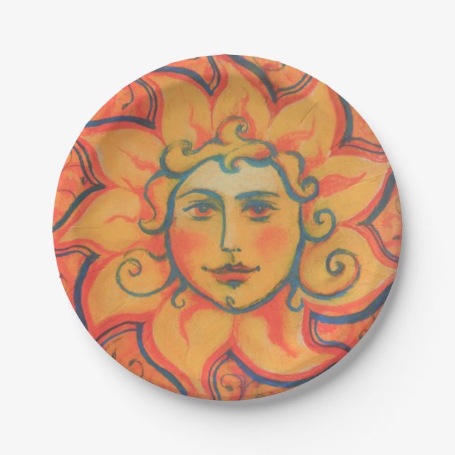Smiling Sun, Fairytale Fantasy Art, Orange Yellow Paper Plate (Front)