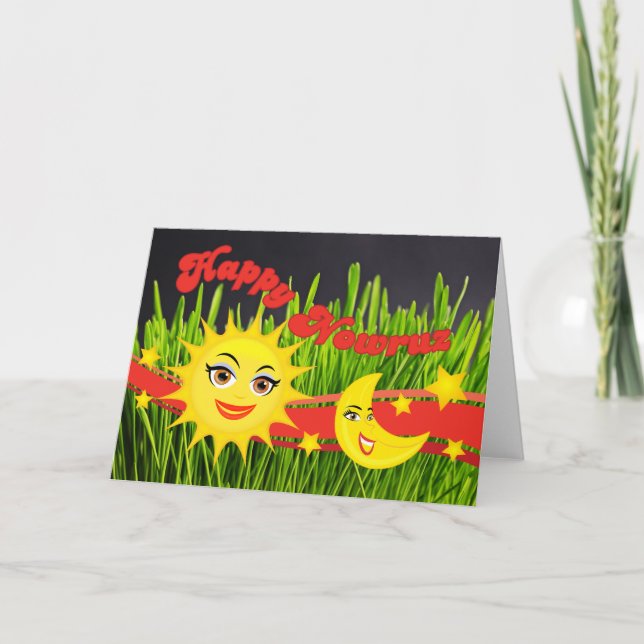Smiling Sun Moon Green Sabzeh Persian New Year Holiday Card (Front)