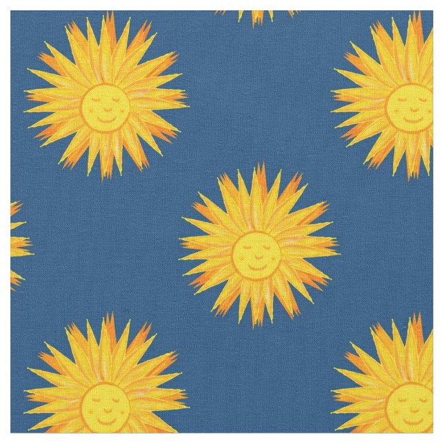 Smiling Sun on Blue-Modern Celestial  Patterned Fabric (Close Up)