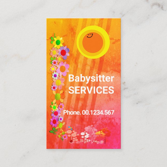 Smiling Sun Rays Colourful Flowers Daycare Nanny Business Card (Front)