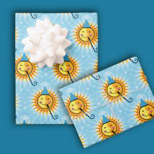 Smiling Sun Stars With Party Hat birthday Blower Wrapping Paper Sheet