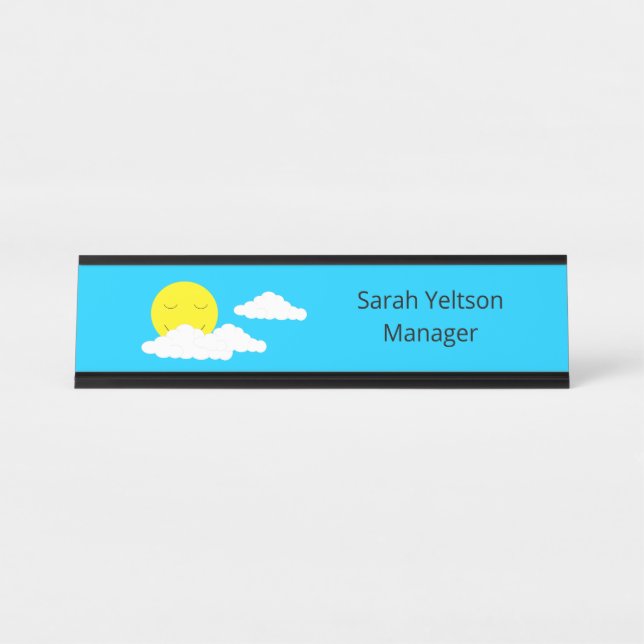 Smiling Sun with Clouds: Turquoise Desk Name Plate (Front)
