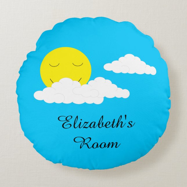 Smiling Sun with Clouds: Turquoise Round Cushion (Front)
