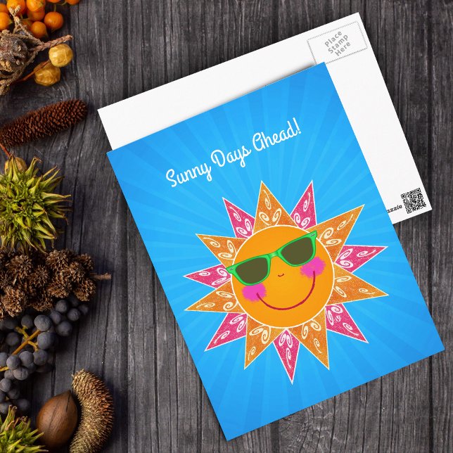 Smiling Sun With Glasses Orange Pink Rays Blue Postcard (Bright smiling orange sun fancy pink orange rays with scrolls on vibrant blue Sunny Days postcard.)