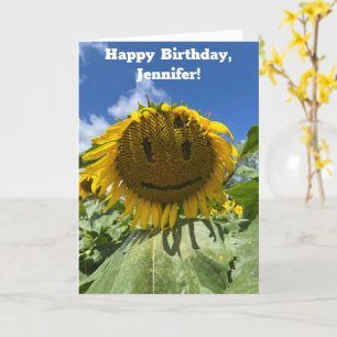 Smiling Sunflower Photo Custom Message Birthday Card