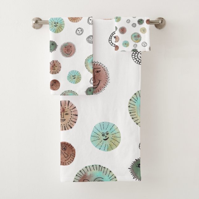 Smiling Suns Watercolor Weirdness Pattern Bath Towel Set (Insitu)
