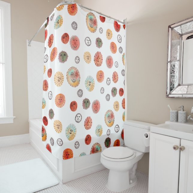 Smiling Suns Watercolor Whimsical Weird Pattern Shower Curtain (In Situ)