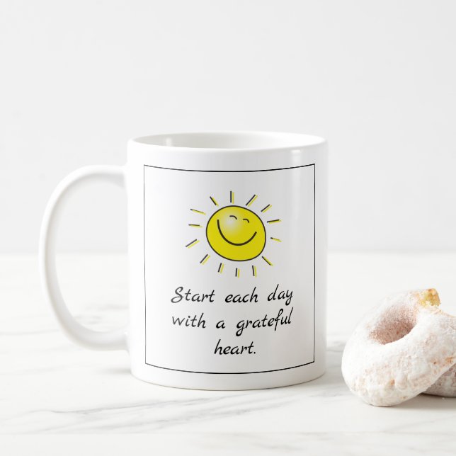 Smiling Sunshine Grateful Heart Typography   Coffee Mug (With Donut)