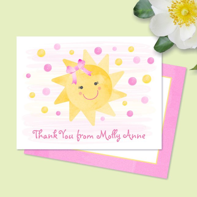 Smiling Sunshine Pink & Yellow Dots Girly Thank You Card (Creator Uploaded)